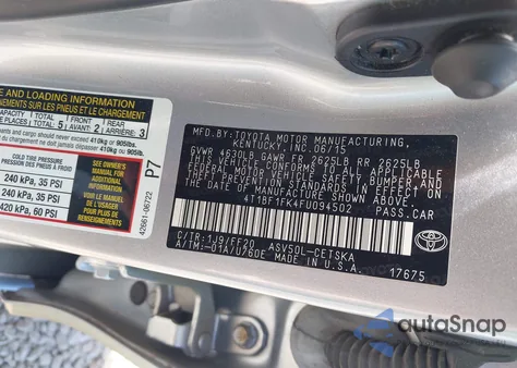 2015 Toyota Camry Se z USA, uszkodzony, nr VIN 4T1BF1FK4FU094502